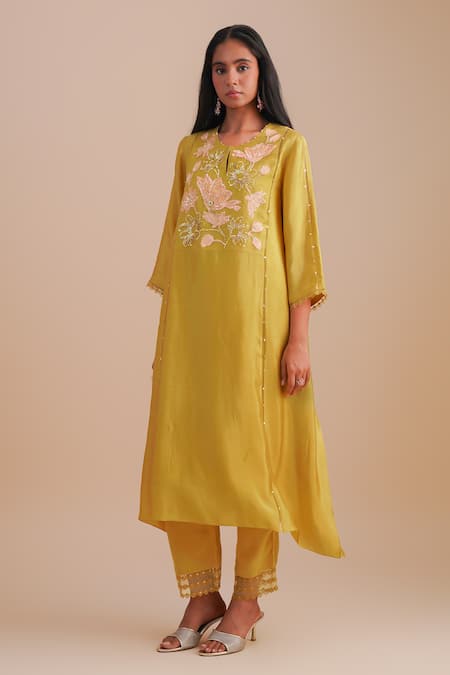 One Not Two_Yellow Silk, Organza, Crepe Sequins, Beads Keyhole Floral Applique Kurta Set _at_Aza_Fashions