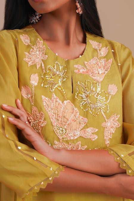 Buy_One Not Two_Yellow Silk, Organza, Crepe Sequins, Beads Keyhole Floral Applique Kurta Set 