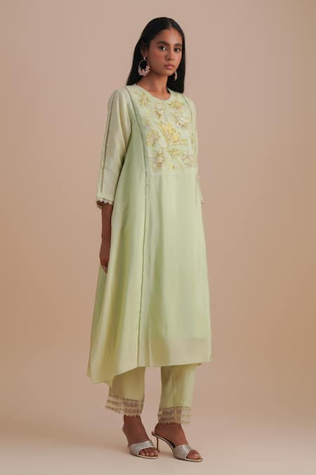 Buy_One Not Two_Green Silk, Organza, Crepe Embroidery, Sequins Round Floral Applique Kurta Set _Online_at_Aza_Fashions