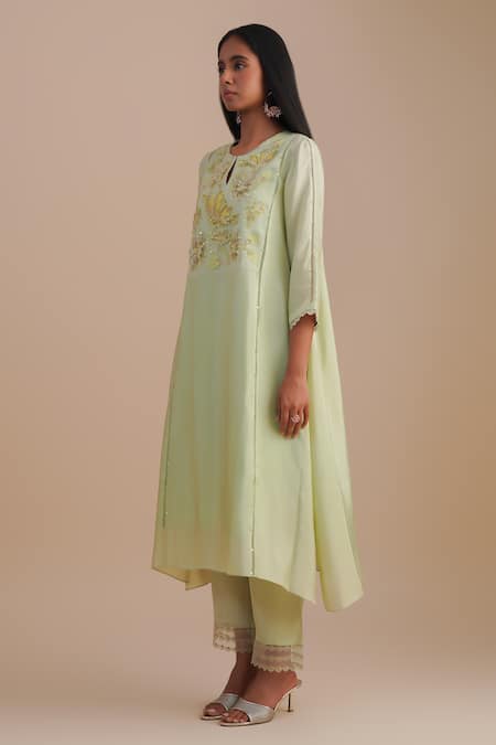 Shop_One Not Two_Green Silk, Organza, Crepe Embroidery, Sequins Round Floral Applique Kurta Set _Online_at_Aza_Fashions
