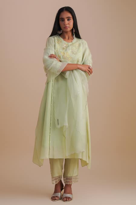 One Not Two Green Silk, Organza, Crepe Embroidery, Sequins Round Floral Applique Kurta Set 