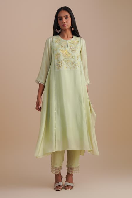 One Not Two_Green Silk, Organza, Crepe Embroidery, Sequins Round Floral Applique Kurta Set _at_Aza_Fashions