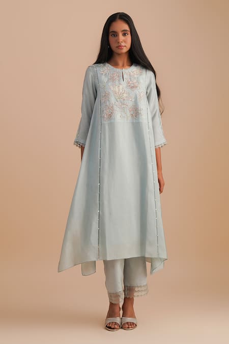 One Not Two Blue Silk, Organza, Crepe Embroidery, Sequins Keyhole Floral Applique Kurta Set 