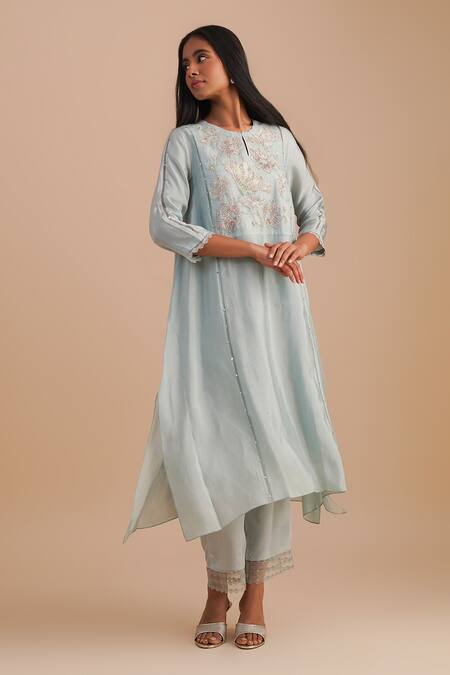 One Not Two Blue Silk, Organza, Crepe Embroidery, Sequins Keyhole Floral Applique Kurta Set Online at Aza Fashions One Not Two_Blue Silk, Organza, Crepe Embroidery, Sequins Keyhole Floral Applique Kurta Set _Online_at_Aza_Fashions