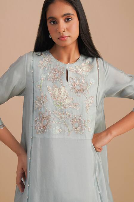 One Not Two Blue Silk, Organza, Crepe Embroidery, Sequins Keyhole Floral Applique Kurta Set at Aza Fashions One Not Two_Blue Silk, Organza, Crepe Embroidery, Sequins Keyhole Floral Applique Kurta Set _at_Aza_Fashions