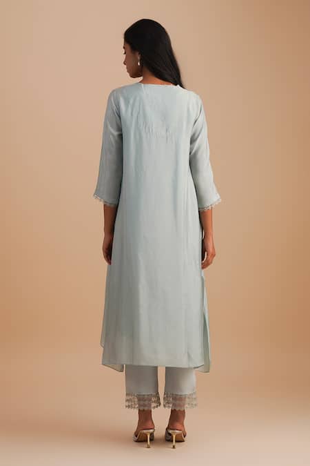 Shop One Not Two Blue Silk, Organza, Crepe Embroidery, Sequins Keyhole Floral Applique Kurta Set at Aza Fashions Shop_One Not Two_Blue Silk, Organza, Crepe Embroidery, Sequins Keyhole Floral Applique Kurta Set _at_Aza_Fashions