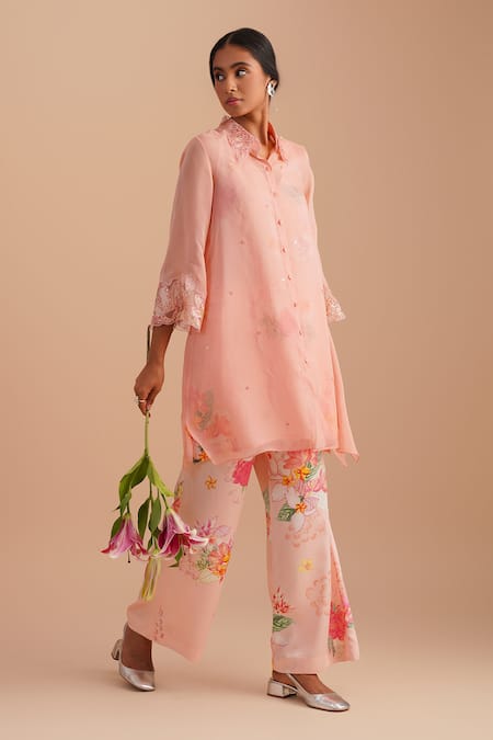 One Not Two_Pink Silk, Organza, Satin Sequins Collared Floral Applique Kurta Set _Online_at_Aza_Fashions