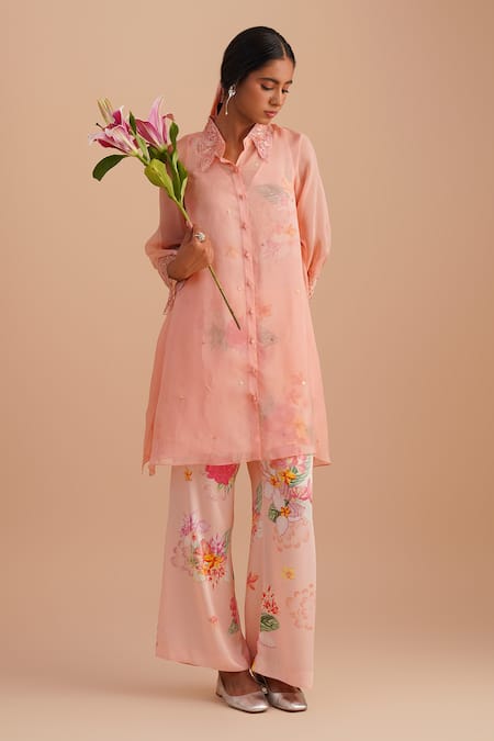 One Not Two Pink Silk, Organza, Satin Sequins Collared Floral Applique Kurta Set 