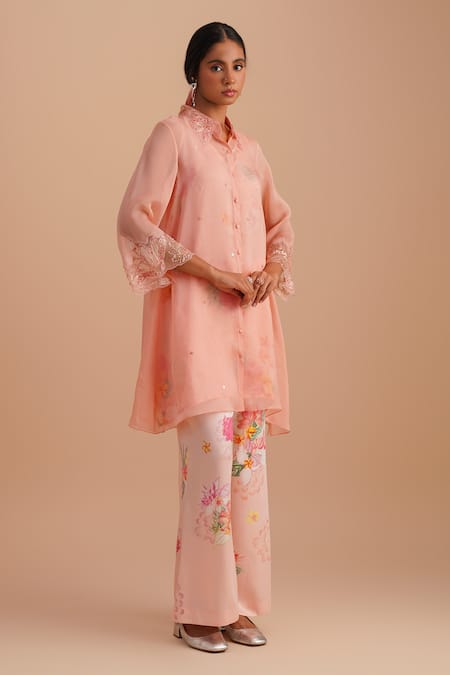 Buy_One Not Two_Pink Silk, Organza, Satin Sequins Collared Floral Applique Kurta Set _Online_at_Aza_Fashions