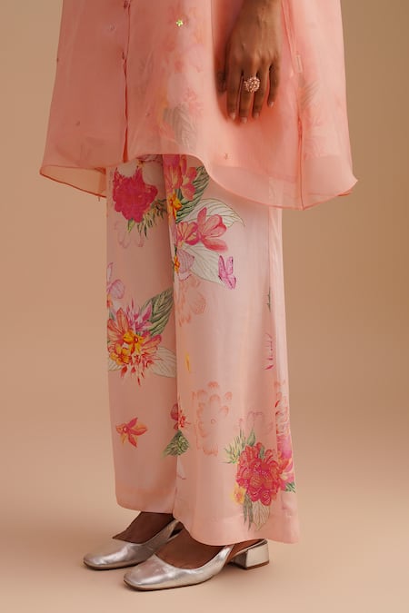 Shop_One Not Two_Pink Silk, Organza, Satin Sequins Collared Floral Applique Kurta Set _Online_at_Aza_Fashions