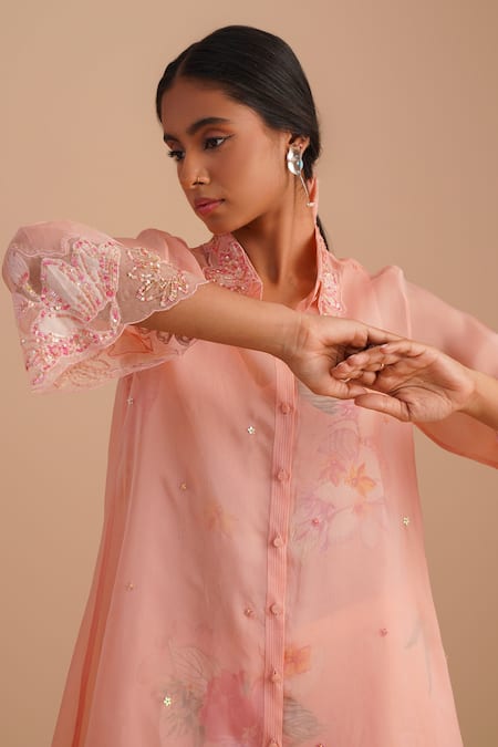 One Not Two_Pink Silk, Organza, Satin Sequins Collared Floral Applique Kurta Set _at_Aza_Fashions
