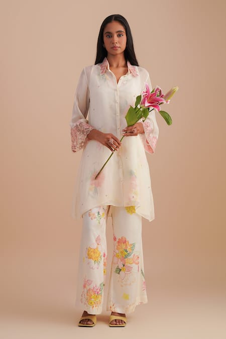 One Not Two White Silk, Organza, Satin Embroidery, Sequins Floral Applique Kurta Set 