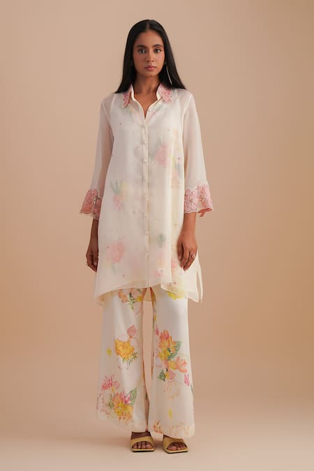 One Not Two_White Silk, Organza, Satin Embroidery, Sequins Floral Applique Kurta Set _Online_at_Aza_Fashions