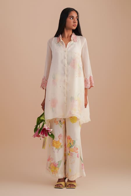 Shop_One Not Two_White Silk, Organza, Satin Embroidery, Sequins Floral Applique Kurta Set _Online_at_Aza_Fashions