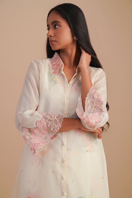One Not Two_White Silk, Organza, Satin Embroidery, Sequins Floral Applique Kurta Set _at_Aza_Fashions