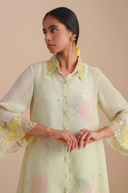 One Not Two_Green Silk, Organza, Satin Applique, Sequins Collared Floral Kurta Set _Online_at_Aza_Fashions