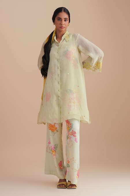 One Not Two Green Silk, Organza, Satin Applique, Sequins Collared Floral Kurta Set 