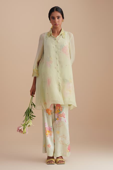 Buy_One Not Two_Green Silk, Organza, Satin Applique, Sequins Collared Floral Kurta Set _Online_at_Aza_Fashions