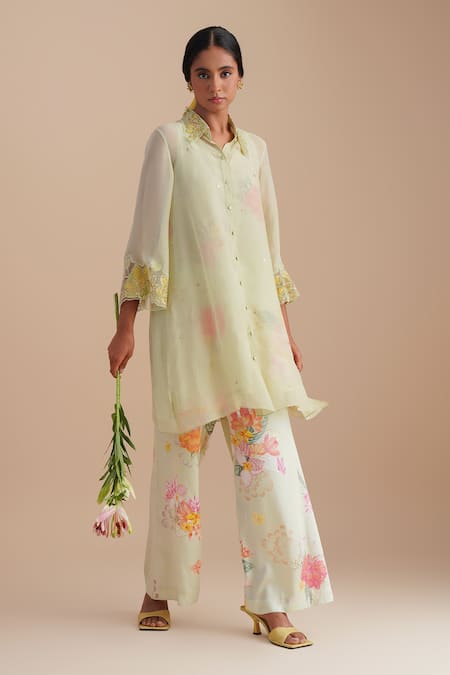 Shop_One Not Two_Green Silk, Organza, Satin Applique, Sequins Collared Floral Kurta Set _Online_at_Aza_Fashions
