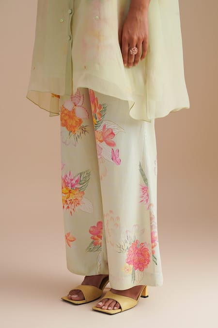 One Not Two_Green Silk, Organza, Satin Applique, Sequins Collared Floral Kurta Set _at_Aza_Fashions