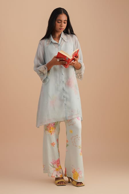 One Not Two_Blue Silk, Organza, Satin Embroidery, Sequins Collared Floral Applique Kurta Set _Online_at_Aza_Fashions