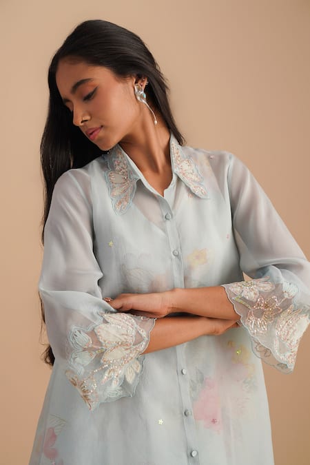 Buy_One Not Two_Blue Silk, Organza, Satin Embroidery, Sequins Collared Floral Applique Kurta Set _Online_at_Aza_Fashions