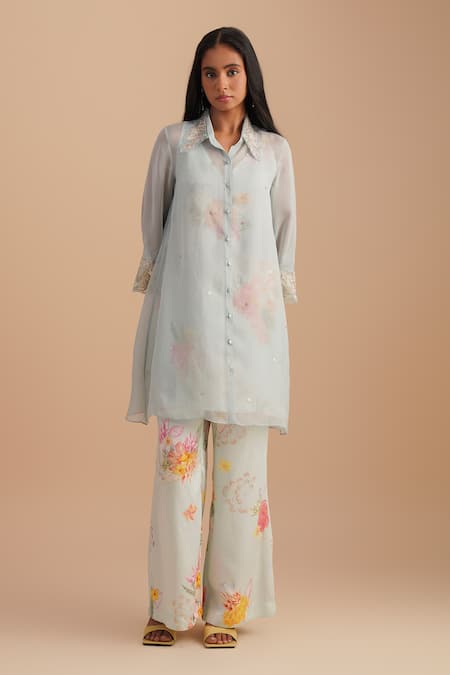Shop_One Not Two_Blue Silk, Organza, Satin Embroidery, Sequins Collared Floral Applique Kurta Set _Online_at_Aza_Fashions