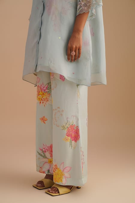 One Not Two_Blue Silk, Organza, Satin Embroidery, Sequins Collared Floral Applique Kurta Set _at_Aza_Fashions