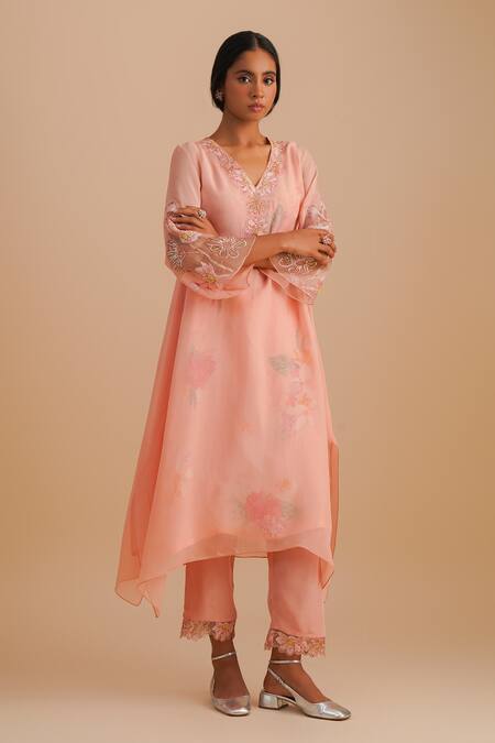 Buy One Not Two Pink Silk Organza, Viscose, Crepe Applique, Sequins V-neck Floral Kurta Set Online at Aza Fashions Buy_One Not Two_Pink Silk Organza, Viscose, Crepe Applique, Sequins V-neck Floral Kurta Set _Online_at_Aza_Fashions
