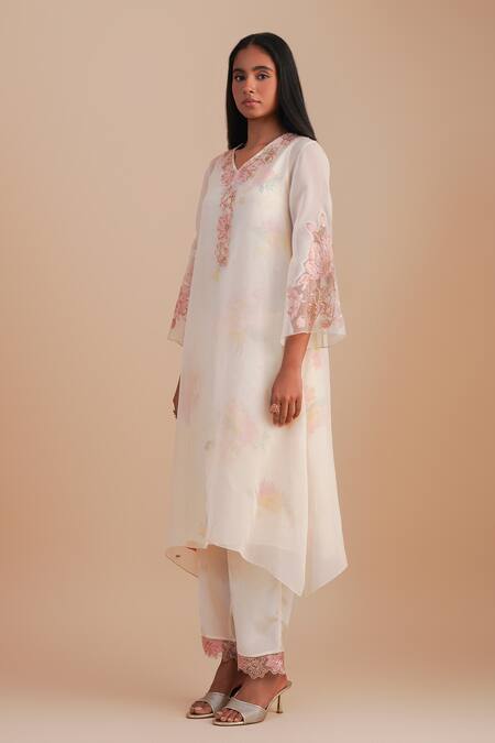 Buy One Not Two White Silk Organza, Crepe Applique, Sequins V-neck Floral Kurta Set Online at Aza Fashions Buy_One Not Two_White Silk Organza, Crepe Applique, Sequins V-neck Floral Kurta Set _Online_at_Aza_Fashions
