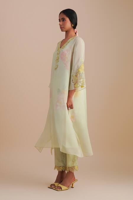 One Not Two Green Silk Organza, Crepe Applique, Sequins V-neck Floral Kurta Set Online at Aza Fashions One Not Two_Green Silk Organza, Crepe Applique, Sequins V-neck Floral Kurta Set _Online_at_Aza_Fashions