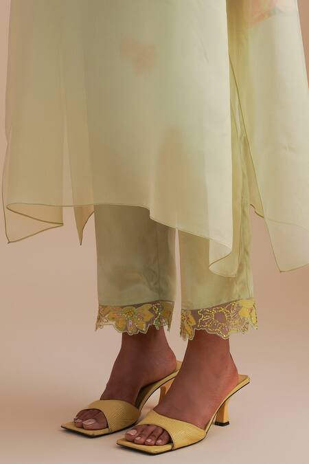 Shop One Not Two Green Silk Organza, Crepe Applique, Sequins V-neck Floral Kurta Set Online at Aza Fashions Shop_One Not Two_Green Silk Organza, Crepe Applique, Sequins V-neck Floral Kurta Set _Online_at_Aza_Fashions