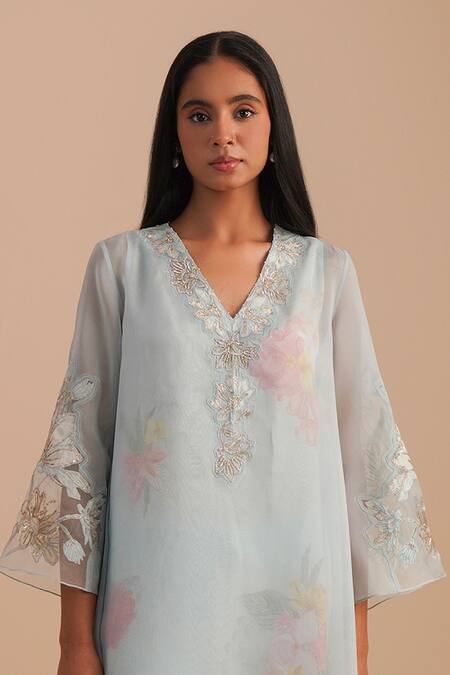 One Not Two Blue Silk Organza, Viscose, Crepe Embroidery, Sequins, Floral Kurta Set Online at Aza Fashions One Not Two_Blue Silk Organza, Viscose, Crepe Embroidery, Sequins, Floral Kurta Set _Online_at_Aza_Fashions