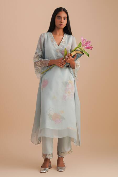 Buy One Not Two Blue Silk Organza, Viscose, Crepe Embroidery, Sequins, Floral Kurta Set Online at Aza Fashions Buy_One Not Two_Blue Silk Organza, Viscose, Crepe Embroidery, Sequins, Floral Kurta Set _Online_at_Aza_Fashions