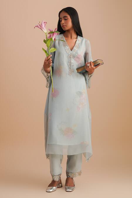 Shop One Not Two Blue Silk Organza, Viscose, Crepe Embroidery, Sequins, Floral Kurta Set Online at Aza Fashions Shop_One Not Two_Blue Silk Organza, Viscose, Crepe Embroidery, Sequins, Floral Kurta Set _Online_at_Aza_Fashions