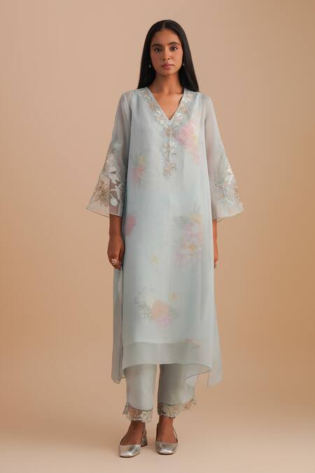 One Not Two Blue Silk Organza, Viscose, Crepe Embroidery, Sequins, Floral Kurta Set at Aza Fashions One Not Two_Blue Silk Organza, Viscose, Crepe Embroidery, Sequins, Floral Kurta Set _at_Aza_Fashions