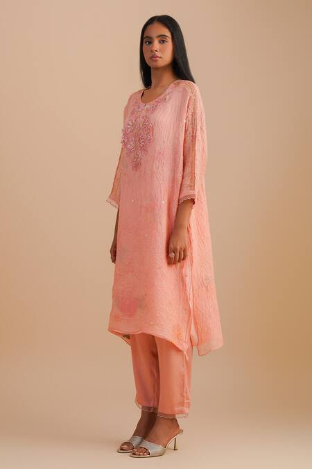 One Not Two Pink Viscose, Organza, Crepe Beads, Sequins Round Neck Floral Applique Kurta Set Online at Aza Fashions One Not Two_Pink Viscose, Organza, Crepe Beads, Sequins Round Neck Floral Applique Kurta Set _Online_at_Aza_Fashions