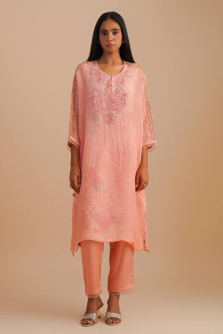 Shop One Not Two Pink Viscose, Organza, Crepe Beads, Sequins Round Neck Floral Applique Kurta Set Online at Aza Fashions Shop_One Not Two_Pink Viscose, Organza, Crepe Beads, Sequins Round Neck Floral Applique Kurta Set _Online_at_Aza_Fashions