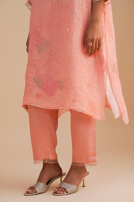 One Not Two Pink Viscose, Organza, Crepe Beads, Sequins Round Neck Floral Applique Kurta Set at Aza Fashions One Not Two_Pink Viscose, Organza, Crepe Beads, Sequins Round Neck Floral Applique Kurta Set _at_Aza_Fashions