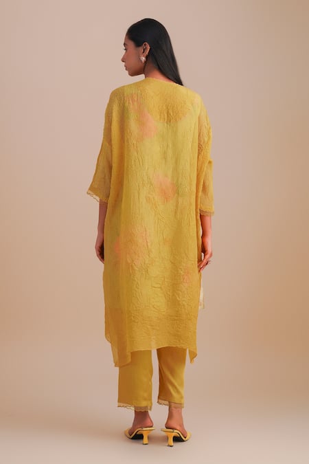 One Not Two Floral Applique Yellow Kurta Set 