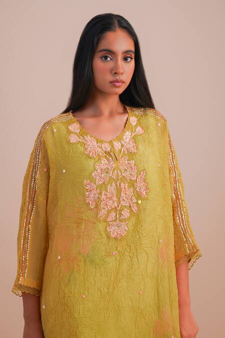 One Not Two Yellow Viscose, Organza, Crepe Applique, Sequins Round Neck Floral Kurta Set Online at Aza Fashions One Not Two_Yellow Viscose, Organza, Crepe Applique, Sequins Round Neck Floral Kurta Set _Online_at_Aza_Fashions