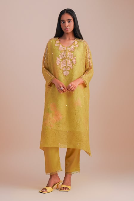 One Not Two Yellow Viscose, Organza, Crepe Applique, Sequins Round Neck Floral Kurta Set 