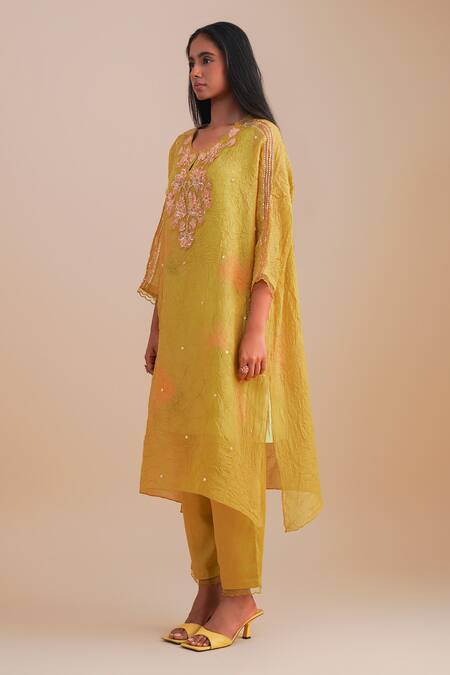 Buy One Not Two Yellow Viscose, Organza, Crepe Applique, Sequins Round Neck Floral Kurta Set Online at Aza Fashions Buy_One Not Two_Yellow Viscose, Organza, Crepe Applique, Sequins Round Neck Floral Kurta Set _Online_at_Aza_Fashions