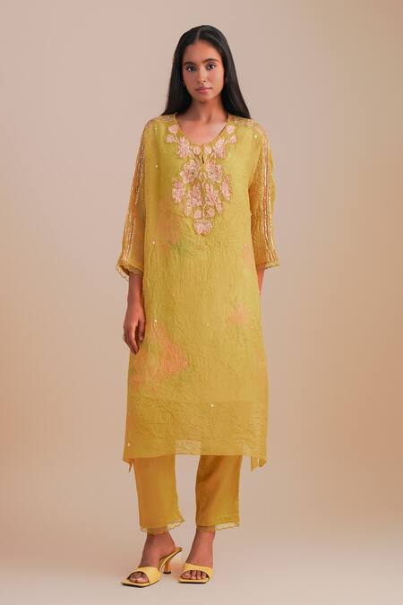 Shop One Not Two Yellow Viscose, Organza, Crepe Applique, Sequins Round Neck Floral Kurta Set Online at Aza Fashions Shop_One Not Two_Yellow Viscose, Organza, Crepe Applique, Sequins Round Neck Floral Kurta Set _Online_at_Aza_Fashions