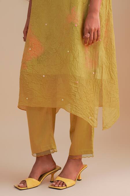 One Not Two Yellow Viscose, Organza, Crepe Applique, Sequins Round Neck Floral Kurta Set at Aza Fashions One Not Two_Yellow Viscose, Organza, Crepe Applique, Sequins Round Neck Floral Kurta Set _at_Aza_Fashions