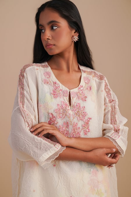 One Not Two_White Viscose, Organza, Crepe Embroidery, Floral Applique Straight Kurta Set _Online_at_Aza_Fashions