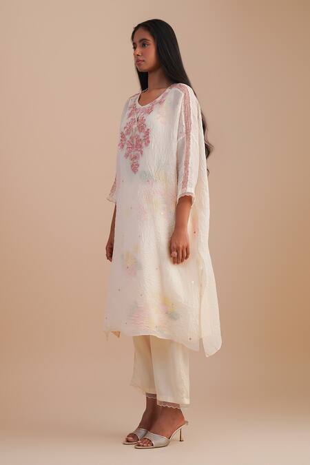 Buy_One Not Two_White Viscose, Organza, Crepe Embroidery, Floral Applique Straight Kurta Set _Online_at_Aza_Fashions