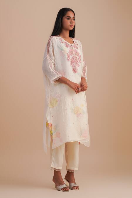 Shop_One Not Two_White Viscose, Organza, Crepe Embroidery, Floral Applique Straight Kurta Set _Online_at_Aza_Fashions