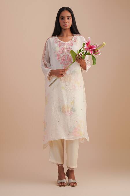 One Not Two_White Viscose, Organza, Crepe Embroidery, Floral Applique Straight Kurta Set _at_Aza_Fashions
