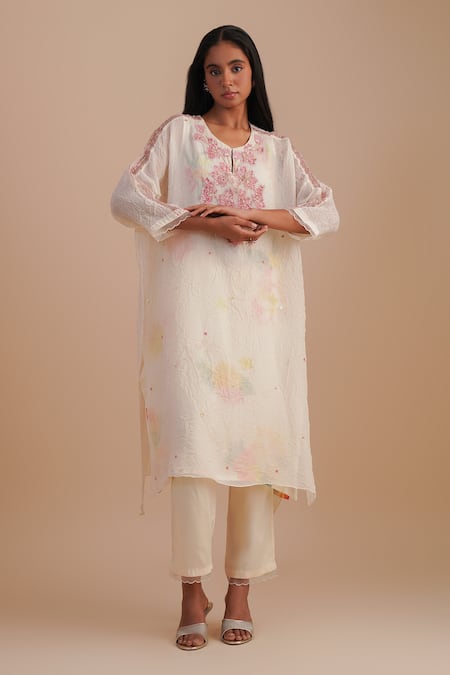 One Not Two White Viscose, Organza, Crepe Embroidery, Floral Applique Straight Kurta Set 